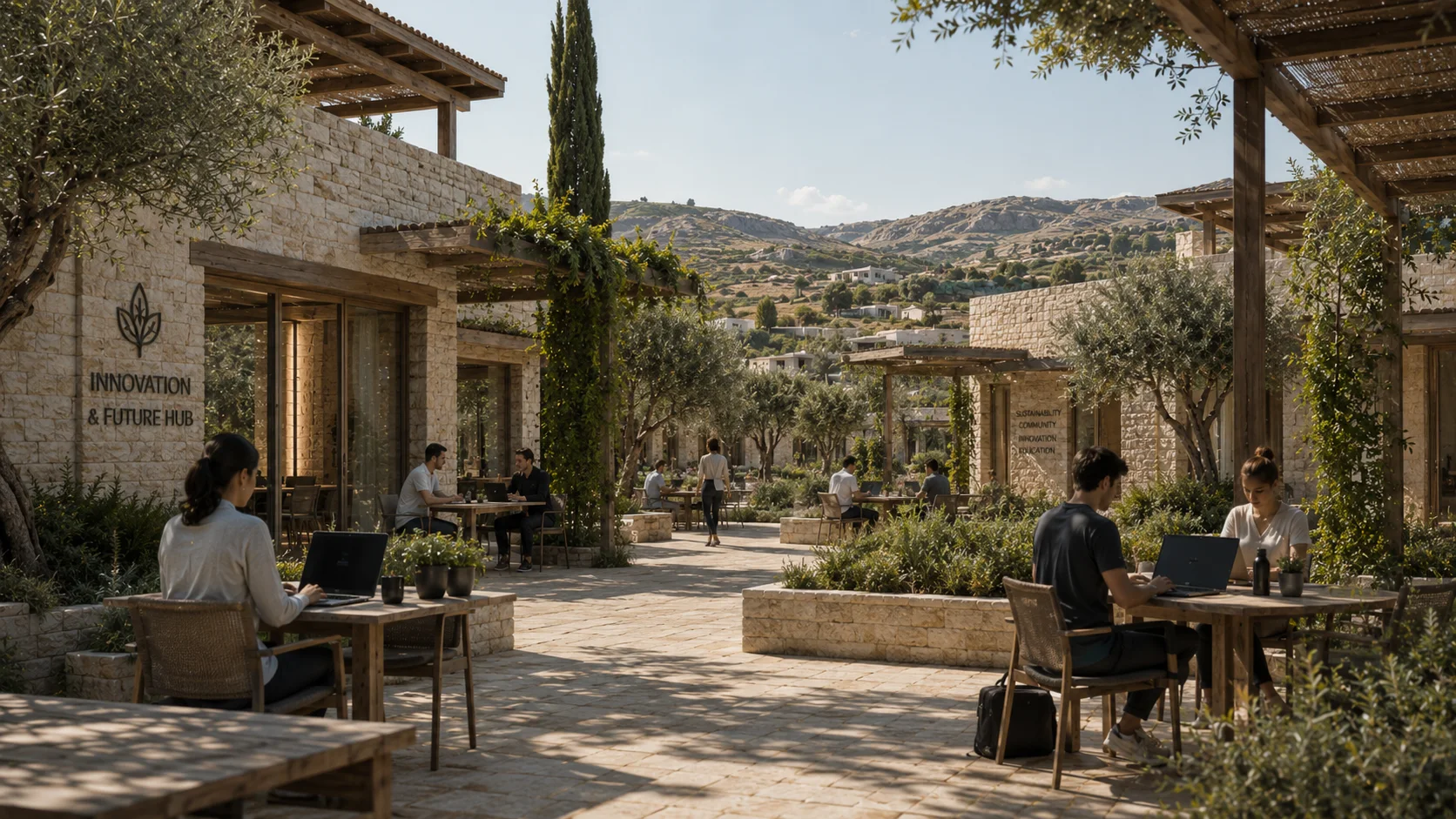 People working in a shaded Mediterranean courtyard