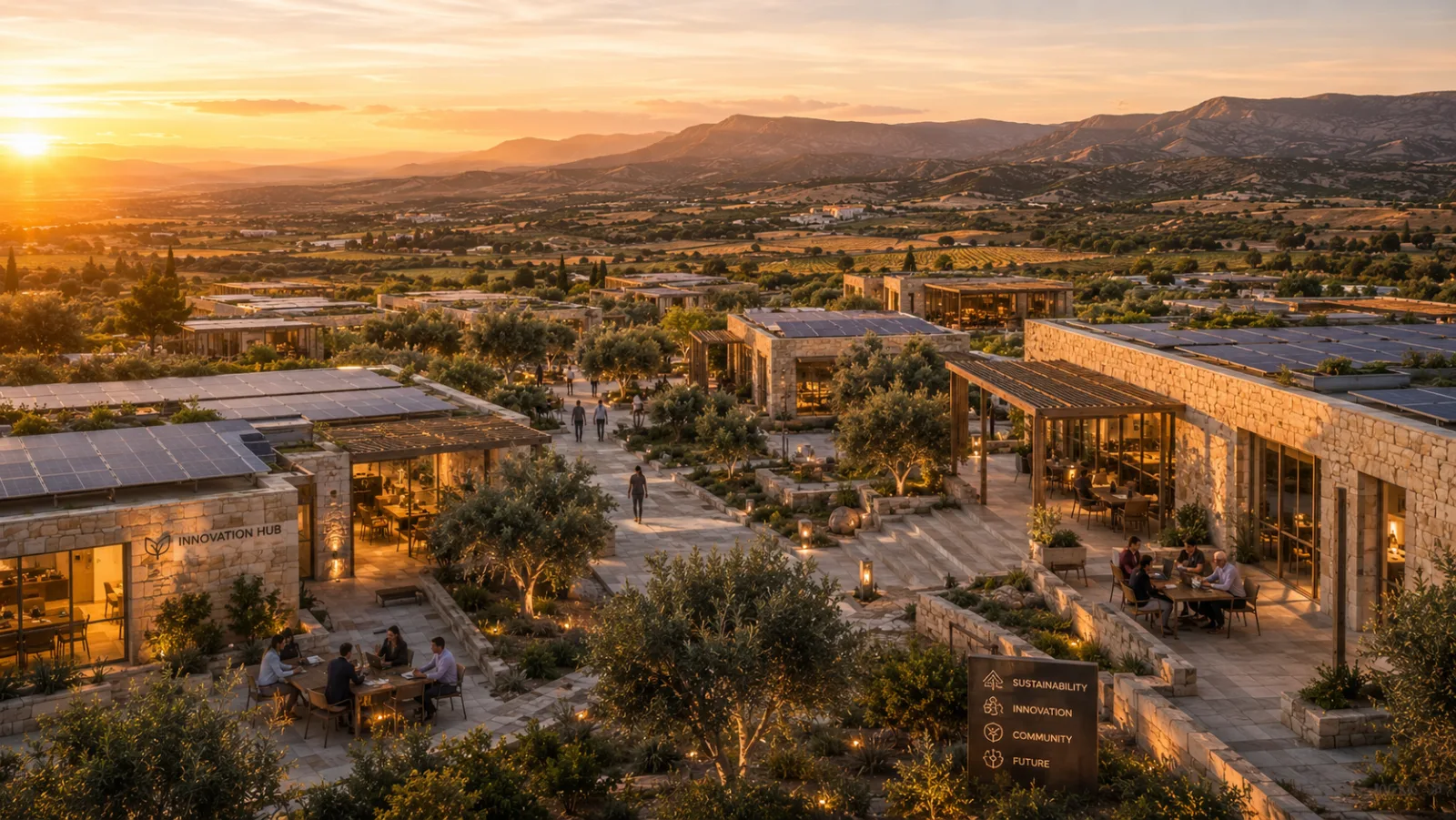 Mediterranean future village campus at sunset