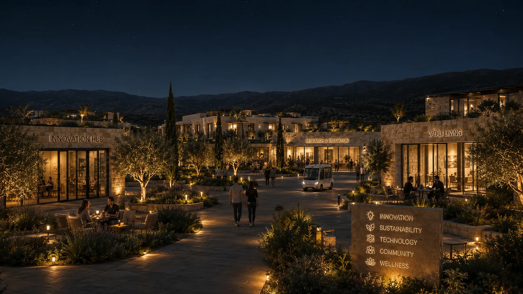 Mediterranean innovation campus with warm lighting at night