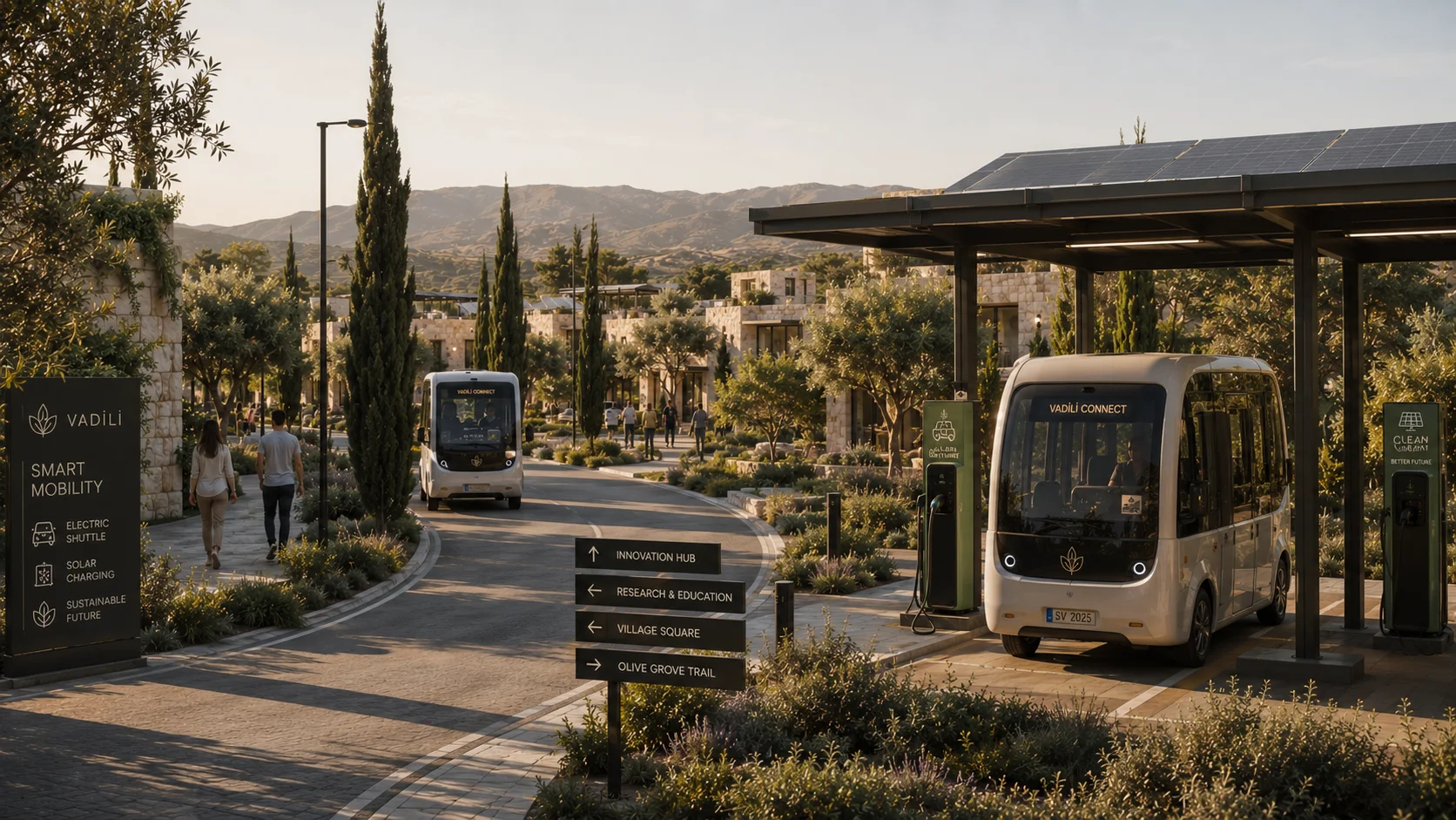 Electric village shuttles and solar charging on calm Mediterranean streets