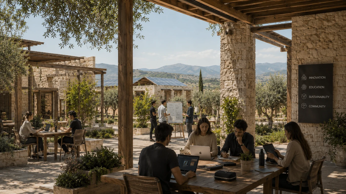 Students and founders collaborating in a Mediterranean research environment